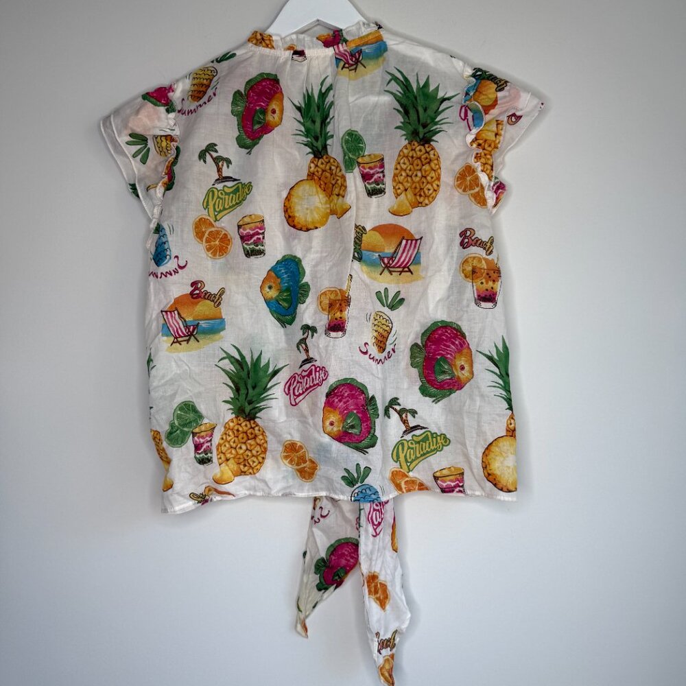 Tropical Pineapple Button Blouse Ruffle Sleeve Ti… - image 2